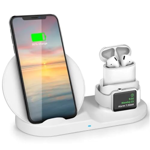 Foldable 3-in-1 Wireless Charging Station, 15W Fast Wireless Charger Stand, Suitable for Magnetic Watch Phone Earbuds Multiple Devices, Portable Travel Charger with Night Light, White