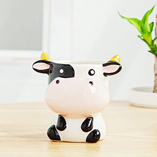 DIYOMR Cute Animal Ceramics Planter Small Succulent Pot Cartoon Shaped Plant Pot for Mini Plants Flower Cactus, Smooth Shiny Ceramic - Plants Not Included (Cow)