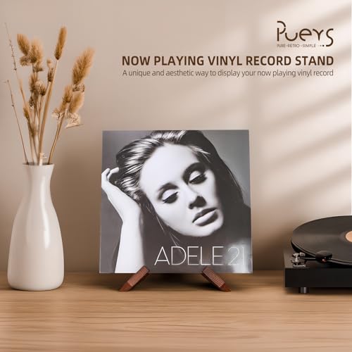 PUERSI Now Playing Vinyl Record Stand, Wooden Display Vinyl Holder Stand, Retro Now Spinning Record Accessories - Rustic Brown