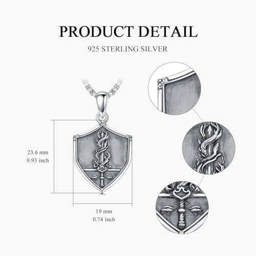 PELOVNY Sword and Shield Necklace 925 Sterling Silver Fire Sword Pendant Shield Jewelry for Fathers Day Birthday Christmas Gifts Men Women