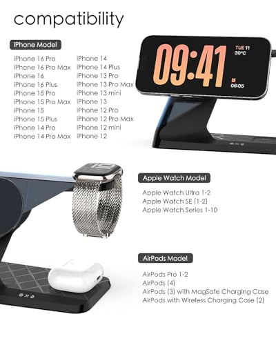 3 in 1 Charging Station for Apple Devices, Mag-Safe Charger Stand, Wireless Charger for iPhone 16/15/14/13/12 Series,& AirPods,& iWatch