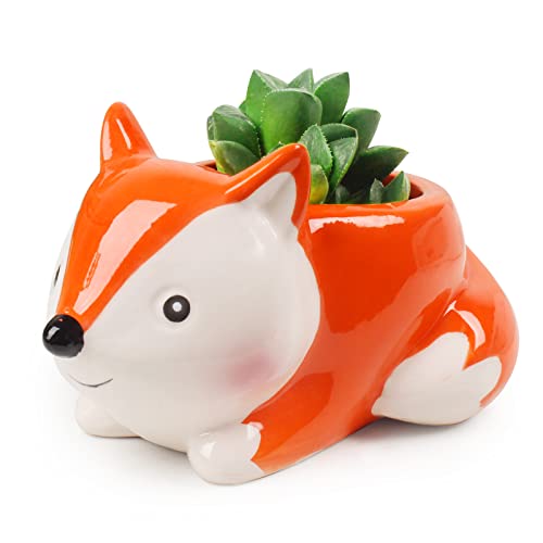 Mumutie Cartoon Fox Succulent Flower Pot, Ceramic Fox Shape Flower Pot, Cute Plant Decoration Flower Pot for Desk, Fun Plant Container, Home Desk Mini Animal Flower Pot Decoration