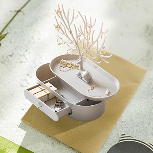 MOJUN Antlers Jewelry Display Stand with Drawers, Necklace Earring Bracelet Jewelry Organizer Display Stand, Plastic Jewelry Tree Ideal Gift for Women, White