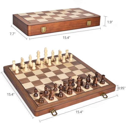 ELONGDI 15" Wooden Chess Set with Magnetic Pieces - Extra Queens - Folding Chessboard Portable Travel Tournament Chess Board Games for Adults Kids