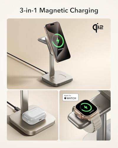 ESR Qi2 3 in 1 Wireless Charging Station, [Certified] Apple Watch Charger&15W Qi2 MagSafe Charger Stand for iPhone, Wireless Charger for Multiple Devices iPhone 15/14/13&Watch&AirPods,Natural Titanium