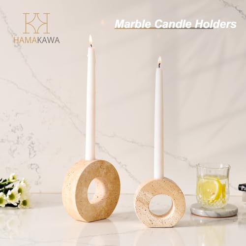 HAMAKAWA Marble Candle Holders Set of 2, Natural Beige Travertine Stone Candlestick Holders fit Φ0.75 Inch Taper Candle, Candle Stand Decor for Home, Dinner, Party, Wedding