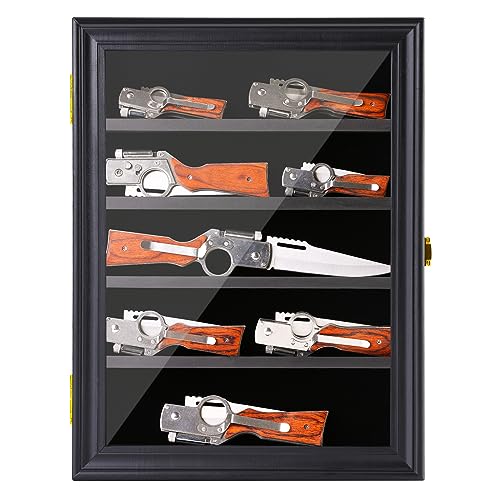 LIUYALO Knife Display Case 5 Rows Pocket Knife Display Cases for Collections Stand Military Folding Knife Shadow Box Wall Cabinet with UV Protection Acrylic Lockable, Black