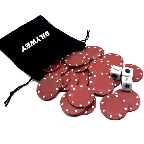 Bilywey Upgrade Left Right Center Dice Game Set with 3 Dices + 30pcs 4cm Red Poker Chips + Black Storage Carry Tin (Red)