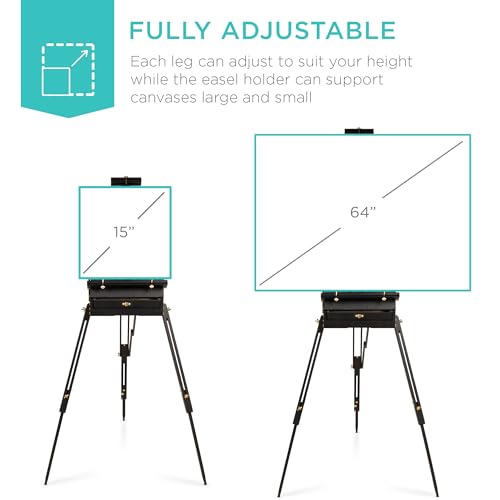 Best Choice Products French Easel, 32pc Beginners Kit Portable Wooden Folding Adjustable Sketch Box Artist Tripod for Painting, Drawing w/Acrylic Paints, Brushes, Canvases, Palettes - Black