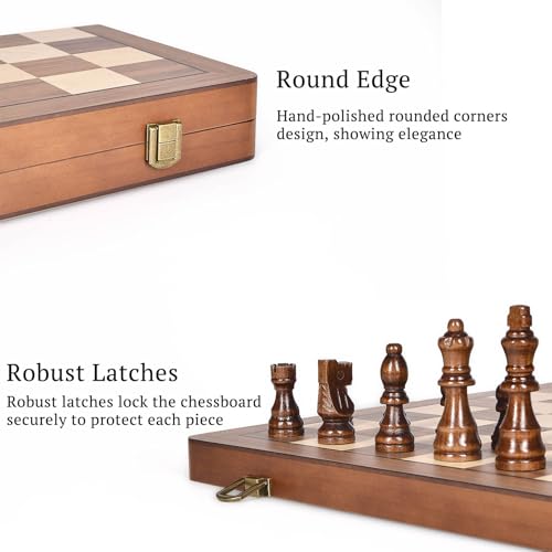 ELONGDI 15" Wooden Chess Set with Magnetic Pieces - Extra Queens - Folding Chessboard Portable Travel Tournament Chess Board Games for Adults Kids