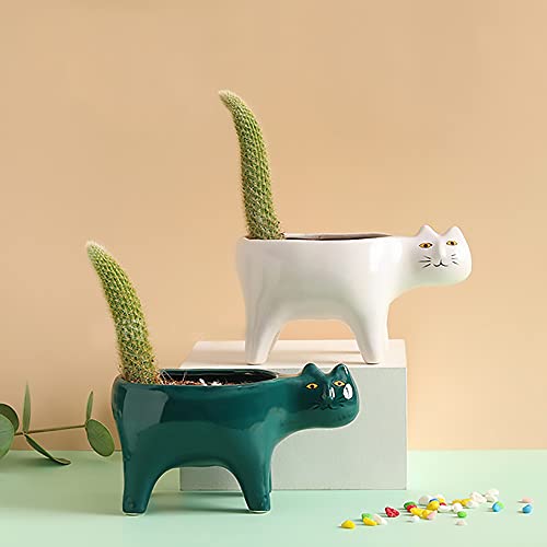 DIYOMR Cat Planter Animal Succulent Pots, Ceramic Cat Mini Flower Pots Cactus/Plants Containers for Home Office Desk Windowsill Decor, Plants Not Included (Dark Green)