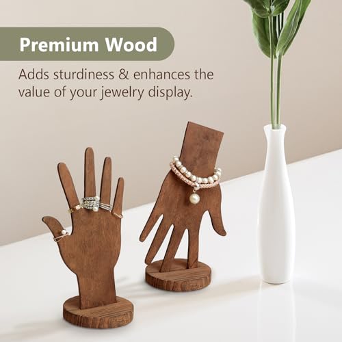 MOOCA 6 Pcs Set Real Wooden Hand Form Jewelry Display, 2-Way Design for Wall Hanging or Standalone Mannequin Finger Hand Display, Premium Real Wood Sturdy Base, Brown Color