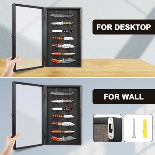 Triceratops Knife Display Case with Lockable Clear Acrylic Door, Wall Mount Wooden Knife Display Stand, Pocket Knife Display Cases for Storage, Collection, Holds up to 7 Knifes (Black), Large