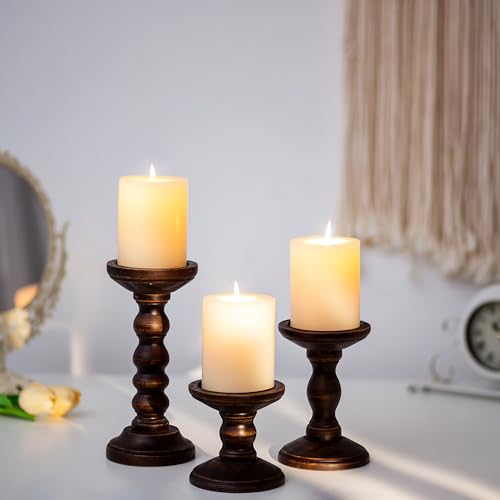 Romadedi Wood Candle Holders for Pillar - Set of 3 Tall Rustic Vintage Wooden Candlestick Holder, Farmhouse Candle Stand for Fireplace Mantle Shelf Table Retro Home Decor, Dark Brown, 3.9"/6"/ 8.3"