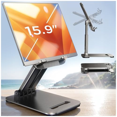 LISEN Tablet Stand for iPad Stand Holder Desk, Foldable iPad Pro Holder Portable Monitor Stand Travel Accessories, Home Office Desk Accessories for Men Gifts 2024 iPad Tab Kindle iPhone 4-15.9" Black