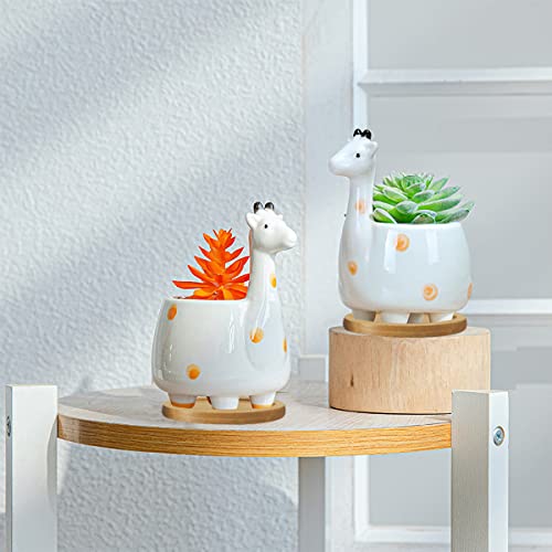 GeLive Giraffe Succulent Planter Indoor Tabletop Ceramic Plant Pot Kitty Ornament Animal Flower Decor Vase with Drainage Tray for Succulents or Mini Cactus