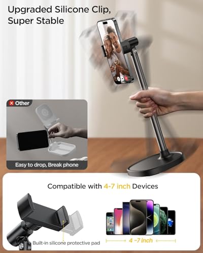 DIMONCOAT Phone Stand for Desk, Angle Height Adjustable Phone Holder for Desk, Aluminum Alloy Universal iPhone Stand Holder, Retractable Cell Phone Stand Recording Office for iPhone 16 15 Pro Max Plus