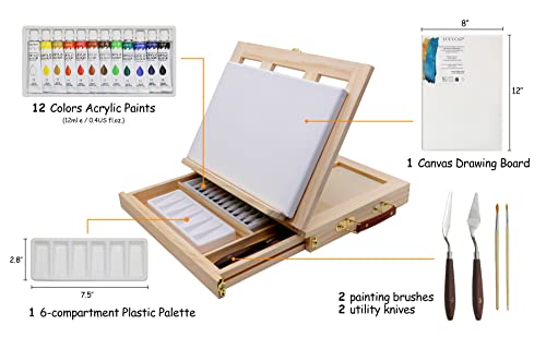 LUCYCAZ Art Easel for Painting, Tabletop Painting Easel Set for Kids, Pine-Wood Portable Easel Stand for Artists with Canvas, Acrylic Paints, Brushes, Palette and Palette Knives