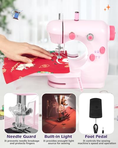 Gleamkid Portable Sewing Machine, Mini Sewing Machine for Beginners with 2 Speed Control, Extension Table, LED Light, Foot Pedal, DIY Home Sewing Kit with Accessories and Tools