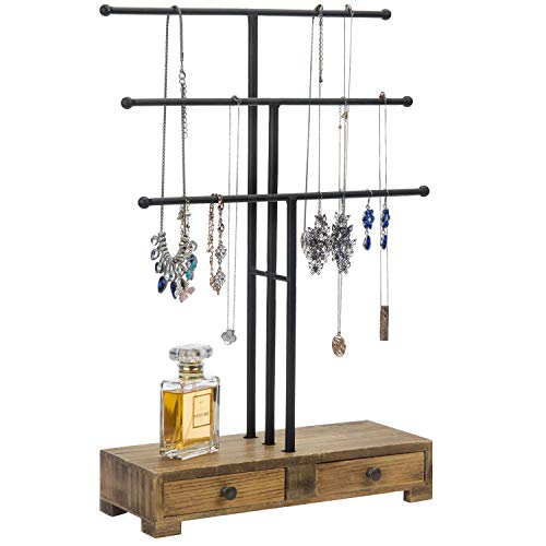 MyGift 3-Tier Black Metal T-Bar Jewelry Necklace Display Stand with Wooden Base & Ring Drawers