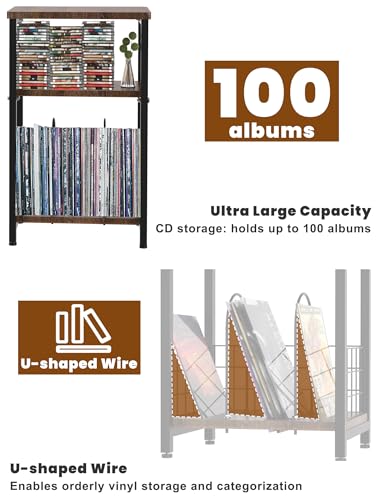 Tuohours Record Player Stand, 3 Tier End Side Table with Vinyl Record Storage Basket, Turntable Table up to 100 Albums Record Shelf Display Holder Cabinet for Living Room, Bedroom, Office