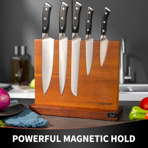 BROOKLYN CUTLERY Magnetic Knife Block, Acacia Wood Magnetic Knife Holder for Kitchen Counter Universal Knife Block Without Knives (12 x 10 With Sharpener)