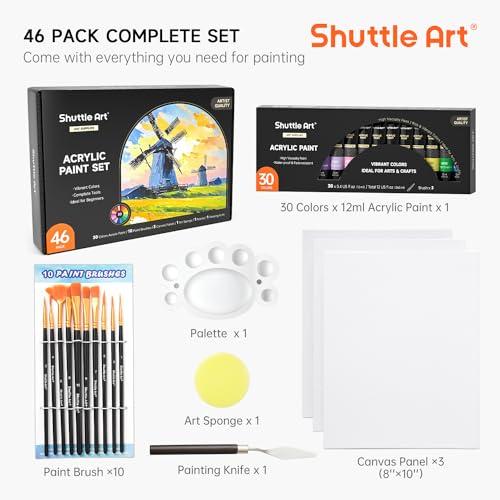 Shuttle Art 46 Pack Acrylic Paint Set, 30 Colors Acrylic Paint with 10 Brushes 3 Canvas 1 Knife Palette Sponge, Complete Gift for Kids, Adults, Beginners, Painting Wood, Ceramic