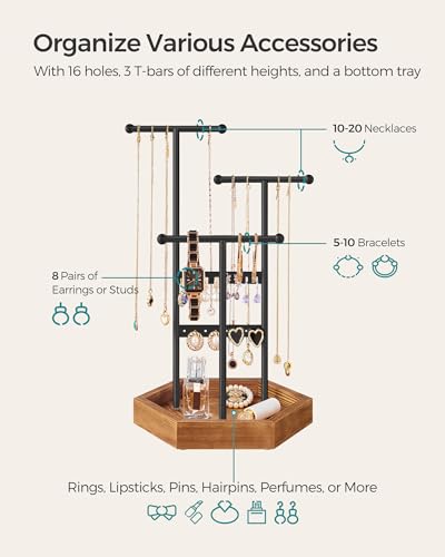 SONGMICS Jewelry Holder, Jewelry Organizer, 4 Independent Zones, Jewelry Display Stand with Metal Frame, Necklace Earring Bracelet Holder, for Rings, Christmas Gift, Black and Caramel Brown UJJS03CB