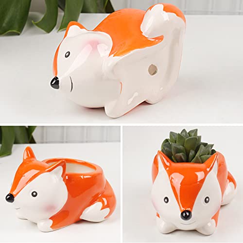 Mumutie Cartoon Fox Succulent Flower Pot, Ceramic Fox Shape Flower Pot, Cute Plant Decoration Flower Pot for Desk, Fun Plant Container, Home Desk Mini Animal Flower Pot Decoration