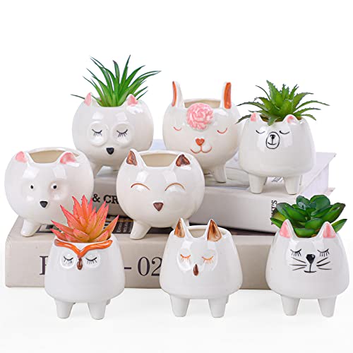 ARTKETTY 8 Pcs Succulent Pots with Drainage, Small Cartoon Animal Planters Ceramic Planter Pot for Indoor Cactus Plants Mini Cute Flower Plant Container for Desk Windowsill Decoration