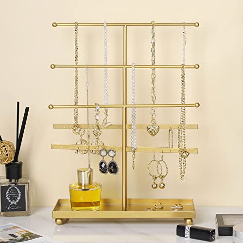 MyGift 5-Tier Gold Tabletop Metal Jewelry Necklace, Bracelet, Earring, Organizer with Ring Tray