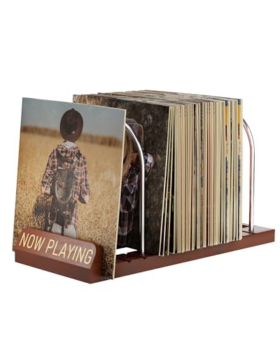 BS-VOG Now Playing Vinyl Record Stand, 50 LP Vinyl Record Storage with Non-slip Grooves, Wood Now Spinning Vinyl Record Holder for Albums Magazine Rack Magazine Organizer Record Display, Gift Package