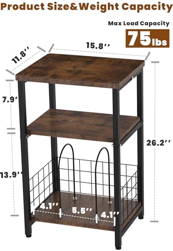 Tuohours Record Player Stand, 3 Tier End Side Table with Vinyl Record Storage Basket, Turntable Table up to 100 Albums Record Shelf Display Holder Cabinet for Living Room, Bedroom, Office