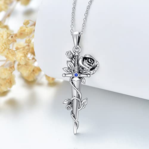 LEECCI Rose Sword Necklace 925 Sterling Silver Dagger Necklace for Women Men Medieval Sword Pendant Dagger Jewelry Birthday Gifts