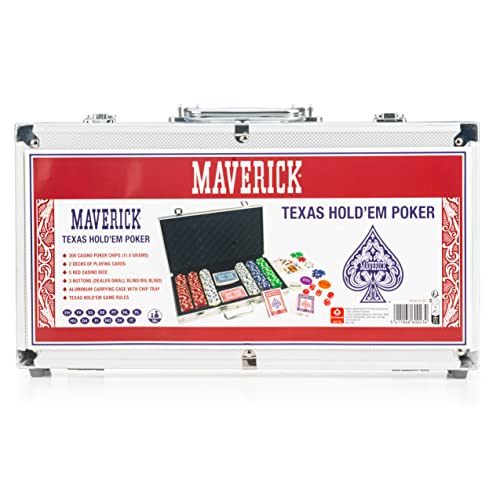 Maverick Texas Hold 'Em Poker Set with Aluminum Case, 300 11 Gram Casino Poker Chips, 2 Decks of Maverick Playing Cards, 5 Red Dice, and 3 Buttons Casino Game for Adults