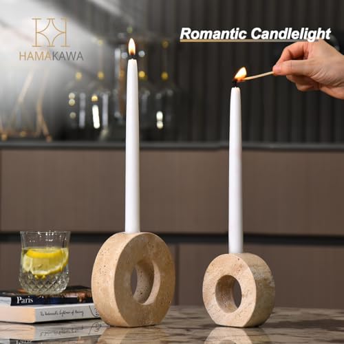 HAMAKAWA Marble Candle Holders Set of 2, Natural Beige Travertine Stone Candlestick Holders fit Φ0.75 Inch Taper Candle, Candle Stand Decor for Home, Dinner, Party, Wedding