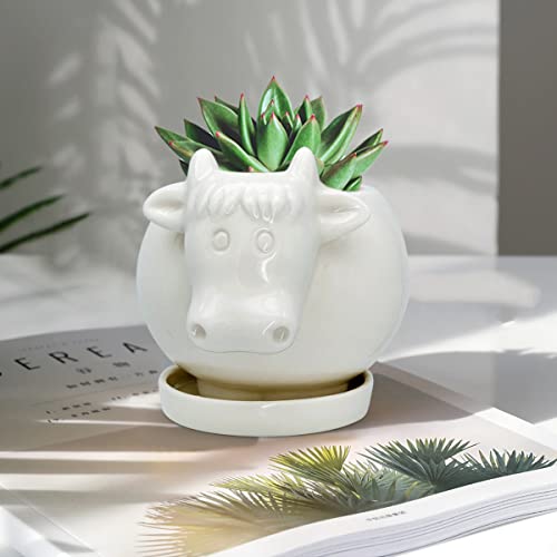 GeLive White Cow Ceramic Planter Small Succulent Pot Cute Cartoon Animal Plant Pot with Drainage Tray Pencil Holder Brush Organizer Tabletop Storage Stand Indoor Home Decor Cow Statue Fun Stuff