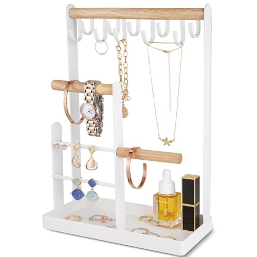 ProCase Jewelry Organizer Jewelry Stand Jewelry Holder Organizer, 4-Tier Necklace Organizer with Ring Tray, Small Cute Aesthetic Jewelry Tower Storage Rack Tree for Bracelets Earrings Rings -White