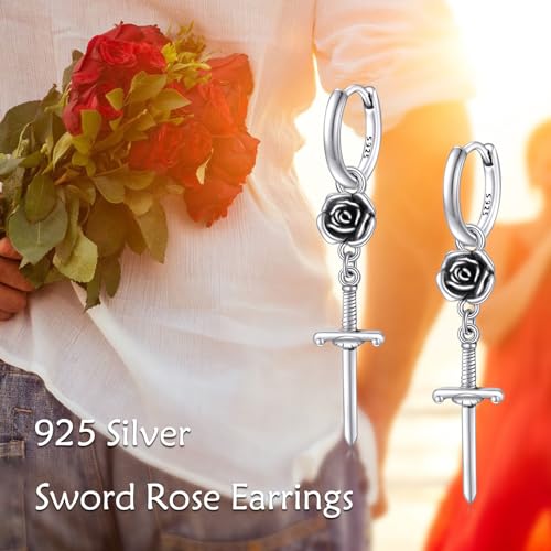 Sword Hoop Earrings 925 Sterling Silver Sword Drop Earrings Rose Flower Dangle Earrings Sword Jewelry Gift for Women Men