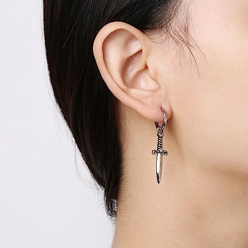 HZMAN Medieval Sword Dangle Drop Earrings for Men Women Stainless Steel Hip Hop Gothic Retro Dagger Hoop Earrings Jewelry Gift