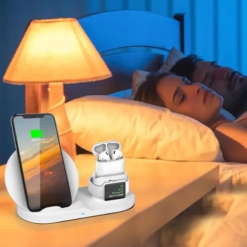 Foldable 3-in-1 Wireless Charging Station, 15W Fast Wireless Charger Stand, Suitable for Magnetic Watch Phone Earbuds Multiple Devices, Portable Travel Charger with Night Light, White