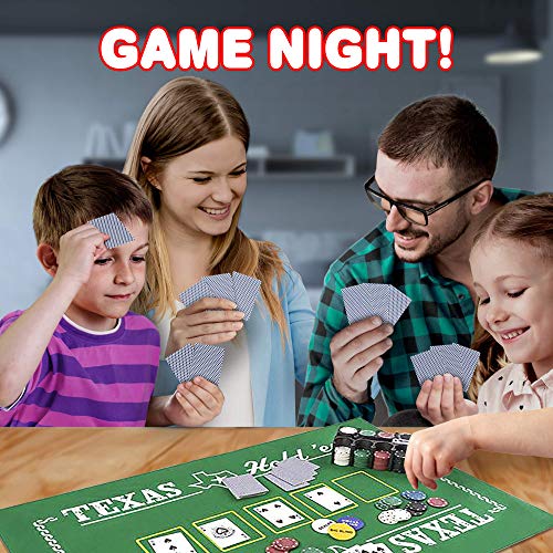 Gamie Texas Holdem Poker Game Set - Includes Hold’em Mat, 2 Card Decks, Chips, Chip Holder and Tin Storage Box - Fun Game Night Supplies - Cool Casino Gift for Kids & Adults