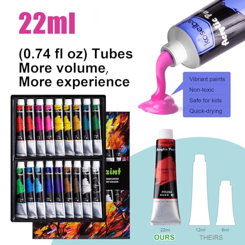 koseibal Acrylic Paint Set for Kids, Art Painting Supplies Kit with 18 Paints, 5 Canvas Panels, 8 Brushes, Table Easel, Etc, Premium Paint Set for Students, Artists and Beginner.