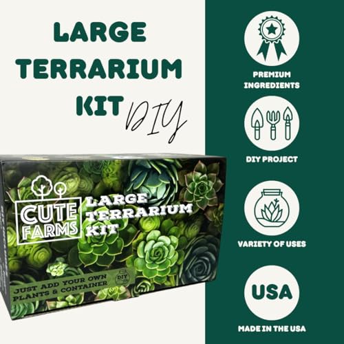 Cute Farms Terrarium Starter Kit | Moss, Vermiculite, Soil, Pebbles, Plant Food, Finishing Tools, Build and Care Guide | DIY Succulent Terrarium Kit for Adults and Kids (Large Kit)