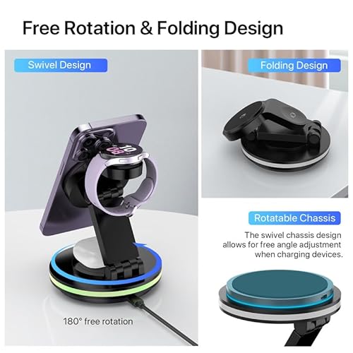 180° Rotating Foldable Magnetic Wireless Charger Stand Wireless Charging Station for iPhone 16 15 14 13 13 12 iWatch 8 7 6 5 4 3 2 Airpods 3 2 Pro (White)