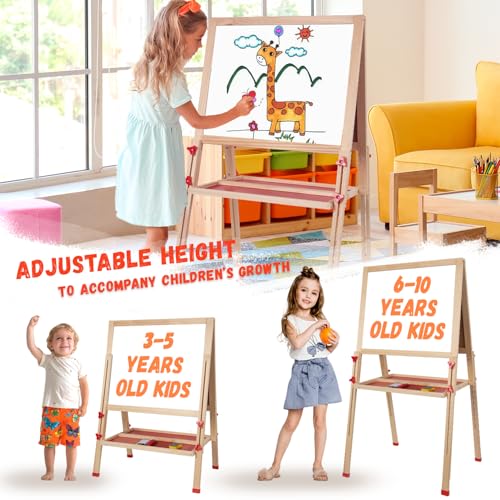 Wooden Art Easel for Kids,Adjustable Double Sided Painting Easel for Toddlers 3,4,5,6,7,8,9,10Years,Foldable Standing Kids Easel with Accessories, Perfect Painting Gifts for Kids Boys&Girls