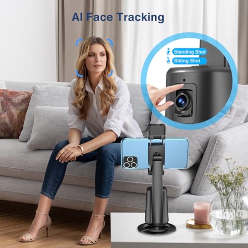 Auto Face Tracking Tripod 360° Rotating Auto Tracking Phone Stand, No App, Phone Camera Stand with Remote and Gesture Control, Rechargeable Smart Shooting Stand for Live Video Recording Tiktok（Black）