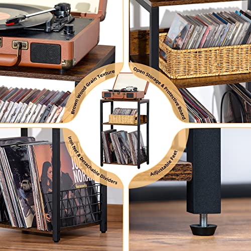 LELELINKY 3 Tier End Table,Record Player Stand with Storage Up to 100 Albums,Turntable Stand for Vinyl,Brown Records Shelf for Living Room Bedroom