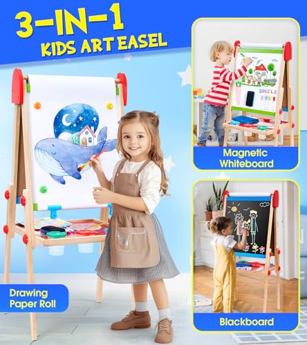 Art Easel for Kids, 3 in 1 Adjustable Double Sided Kids Easel with Magnetic Whiteboard, Chalkboard, 2 Paper Rolls and Accessories, All in One Wooden Toddler Easel, Art Easel for Kids Ages 2-4 4-8 8-12