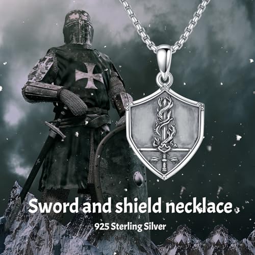 PELOVNY Sword and Shield Necklace 925 Sterling Silver Fire Sword Pendant Shield Jewelry for Fathers Day Birthday Christmas Gifts Men Women